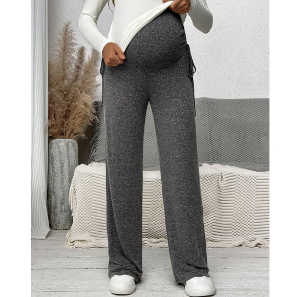 Maternity Dark Grey Stretchy Wide Waist Wide leg Lounge Pants - Picture 4 of 12